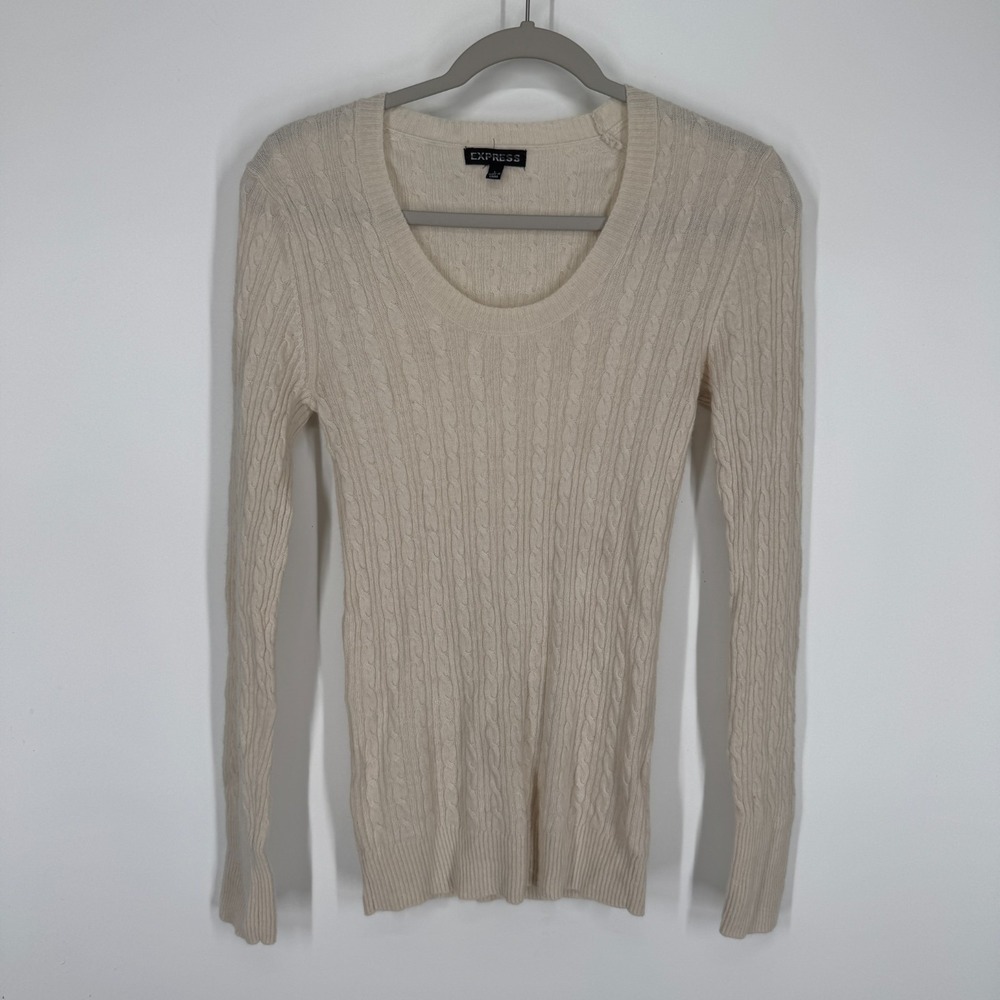 Express Womens Large 100 Cashmere Scoop Neck Sweater Cable Knit Slim Beige Ivory